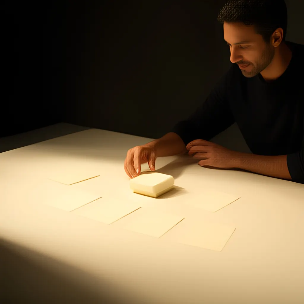 Editorial photograph of a founder arranging several blank paper cards and a simple product sample on a warm ivory studio table while considering brand direction, wide editorial composition, no legible writing. Supports the section "The problem was bigger than a name" in "Akio Morita and Sony: Taking a Technical Product Beyond Its Home Market".