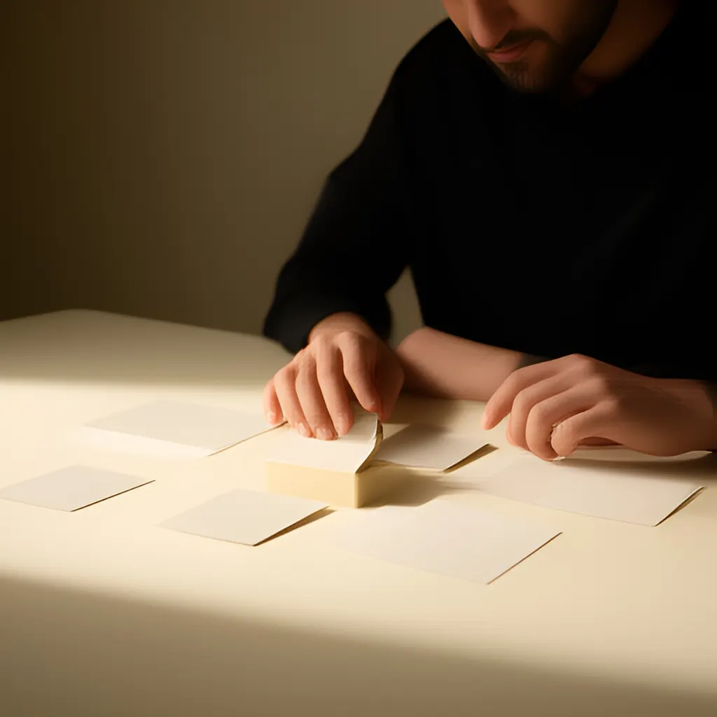 Editorial photograph of a founder arranging several blank paper cards and a simple product sample on a warm ivory studio table while considering brand direction, wide editorial composition, no legible writing. Supports the section "A point of view customers could encounter" in "Anita Roddick and The Body Shop: Building a Retail Brand Around a Point of View".