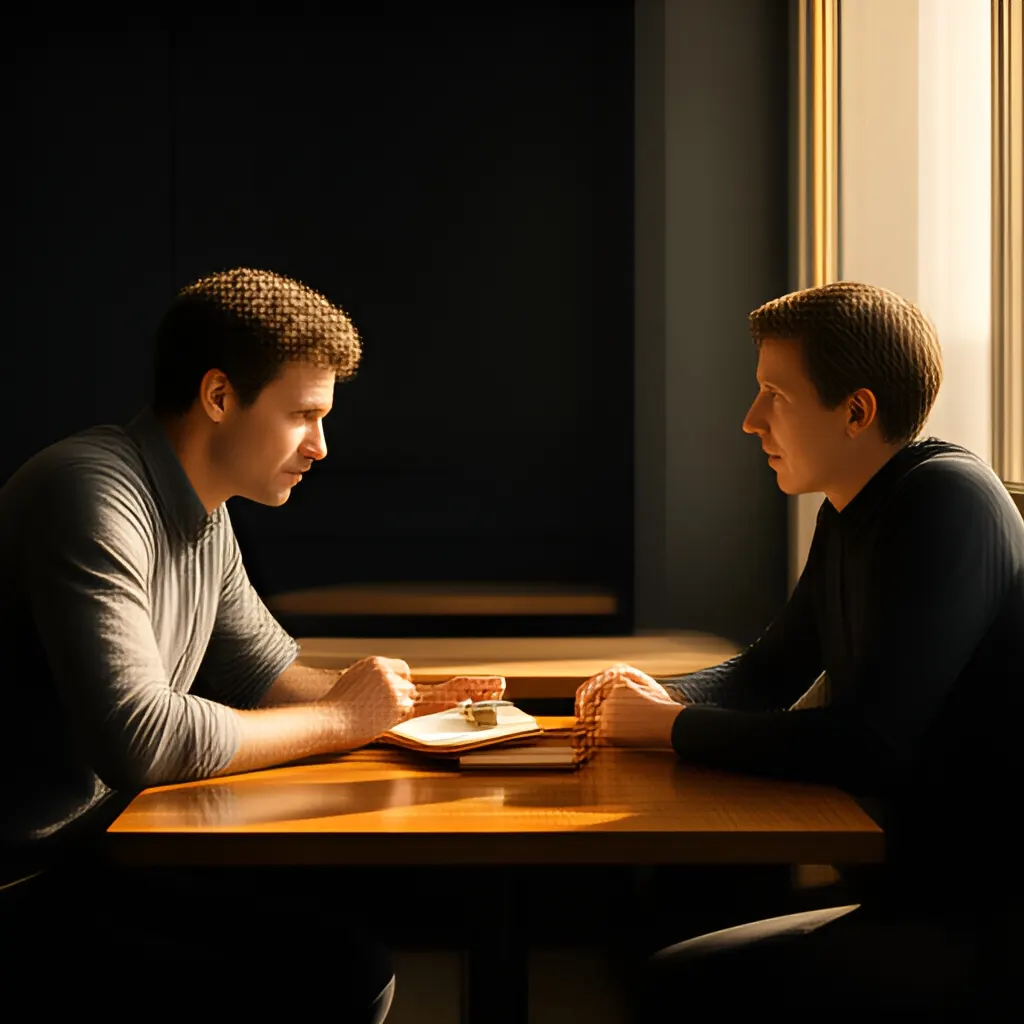 Editorial photograph of a founder listening carefully to a customer across a small meeting table with an open notebook and a real product sample, natural candid wide composition. Supports the section "Product-market fit is evidence, not a celebration" in "How Should a Founder Assess Product-Market Fit?".