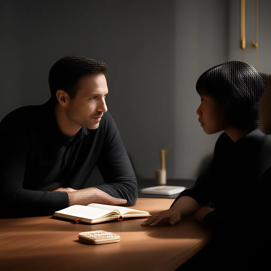 Editorial photograph of a founder listening carefully to a customer across a small meeting table with an open notebook and a real product sample, natural candid wide composition. Supports the section "The confusion starts with the word audience" in "Do Not Build an Audience When You Need Customers".