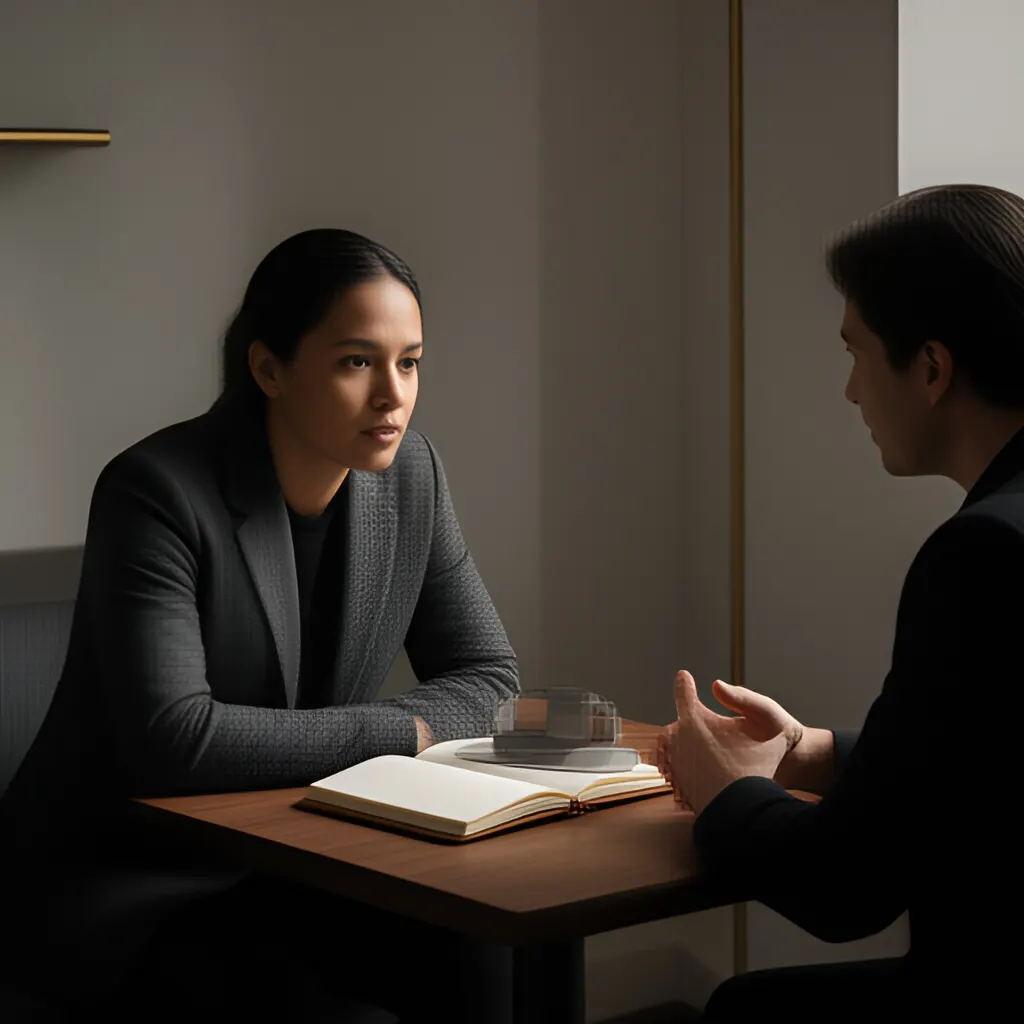 Editorial photograph of a founder listening carefully to a customer across a small meeting table with an open notebook and a real product sample, natural candid wide composition. Supports the section "Start with the question" in "When Should a Founder Build an Audience Before Building a Customer Pipeline?".