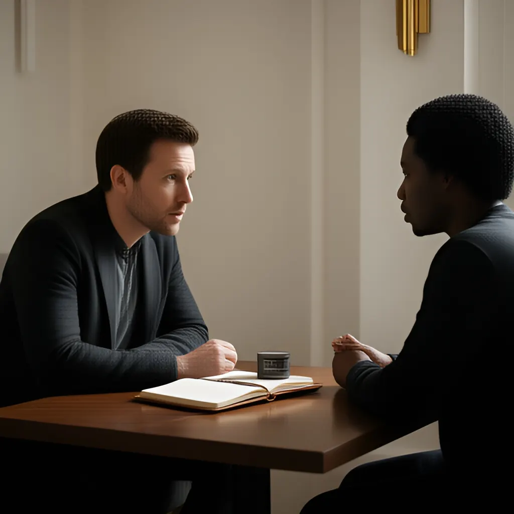Editorial photograph of a founder listening carefully to a customer across a small meeting table with an open notebook and a real product sample, natural candid wide composition. Supports the section "The actual problem" in "Audience Is Not a Pipeline: Decide What You Need First".