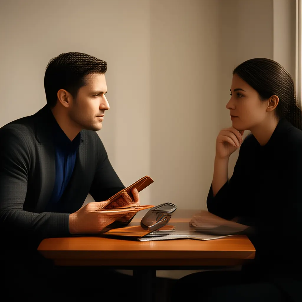 Editorial photograph of a founder listening carefully to a customer across a small meeting table with an open notebook and a real product sample, natural candid wide composition. Supports the section "Start with the customer decision" in "You Do Not Need a Bigger Audience. You Need Evidence of the Right Customer".