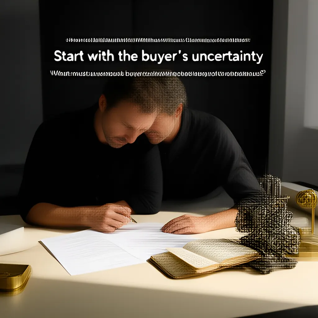 Editorial photograph of a founder studying a real working document and a relevant physical object on a warm ivory desk in a restrained modern workspace, natural candid wide editorial composition. Supports the section "Start with the buyer's uncertainty" in "How to Build Authority Without Claiming to Be the Best".