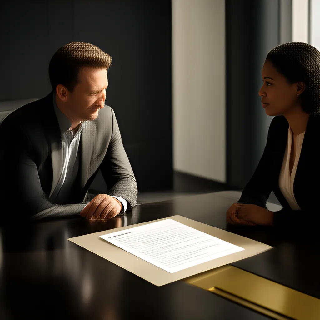 Editorial photograph of a founder and client reviewing a printed scope document across a meeting table, calm professional body language, wide natural-light composition. Supports the section "The decision in plain English" in "How BATNA and a Reservation Point Keep Founders From Negotiating From Fear".