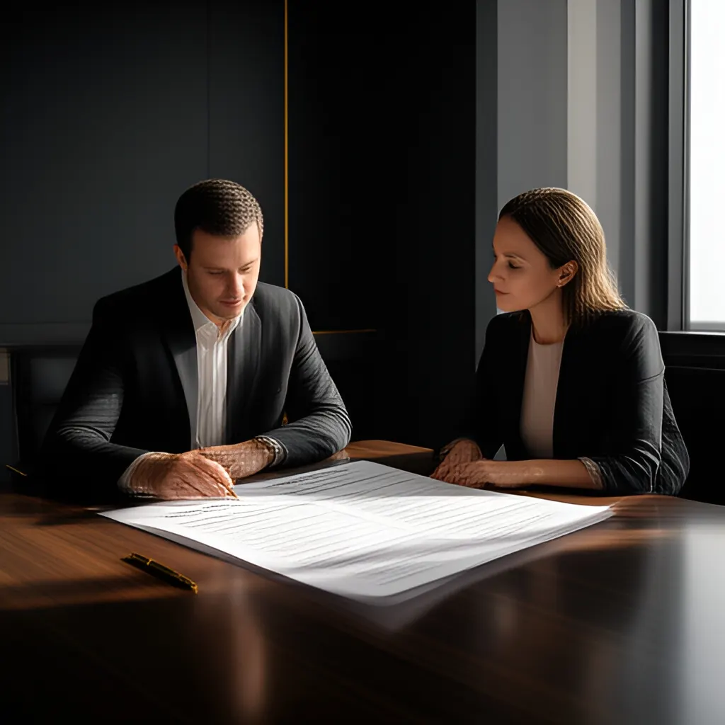 Editorial photograph of a founder and client reviewing a printed scope document across a meeting table, calm professional body language, wide natural-light composition. Supports the section "The real test is not why we are better" in "How to Become the Obvious Choice Without Claiming to Be the Best".