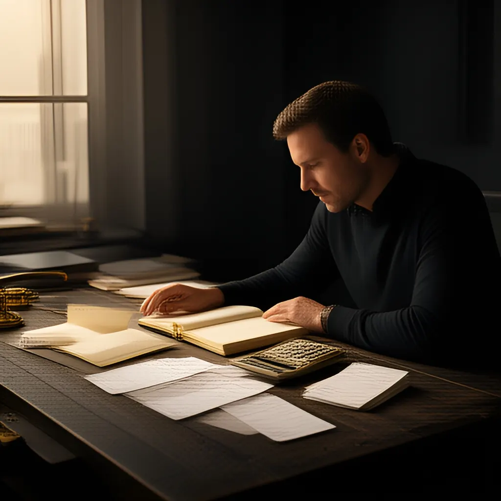 Editorial photograph of a founder at a real worktable comparing a paper ledger, a calculator and a few invoices in a quiet, naturally lit office, photographed in a wide establishing composition. Supports the section "The platform bargain" in "Bill Gates and Microsoft: Building Around a Platform Rather Than a Single Product".