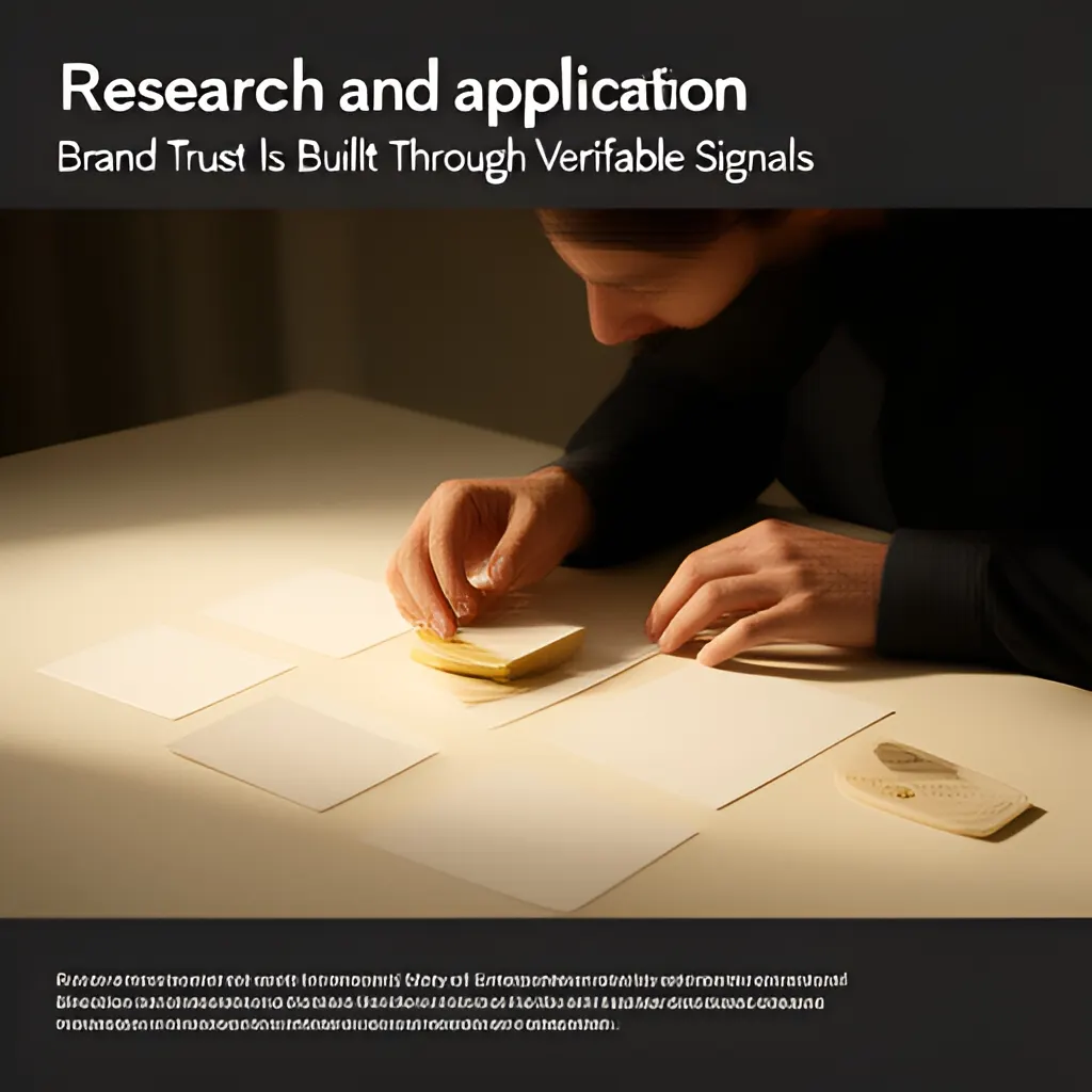 Editorial photograph of a founder arranging several blank paper cards and a simple product sample on a warm ivory studio table while considering brand direction, wide editorial composition, no legible writing. Supports the section "Research and application" in "Brand Trust Is Built Through Verifiable Signals".