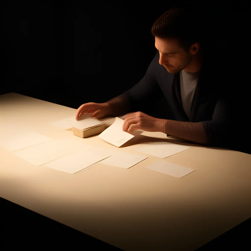 Editorial photograph of a founder arranging several blank paper cards and a simple product sample on a warm ivory studio table while considering brand direction, wide editorial composition, no legible writing. Supports the section "The trust problem hiding inside the listing" in "Brian Chesky and Airbnb: Solving the Trust Problem Behind a Marketplace".