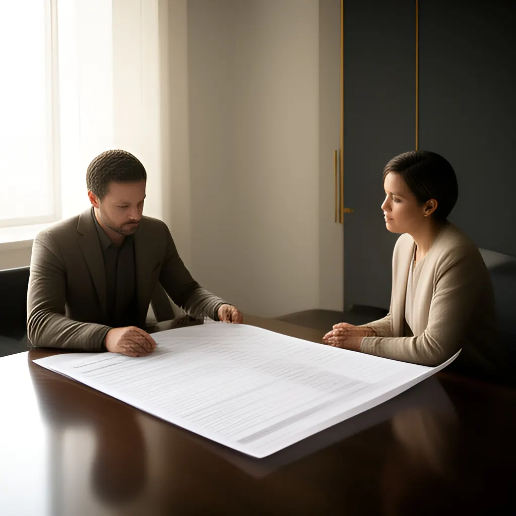 Editorial photograph of a founder and client reviewing a printed scope document across a meeting table, calm professional body language, wide natural-light composition. Supports the section "Separate ownership from execution" in "You Can Build Alone Without Building Everything Alone".