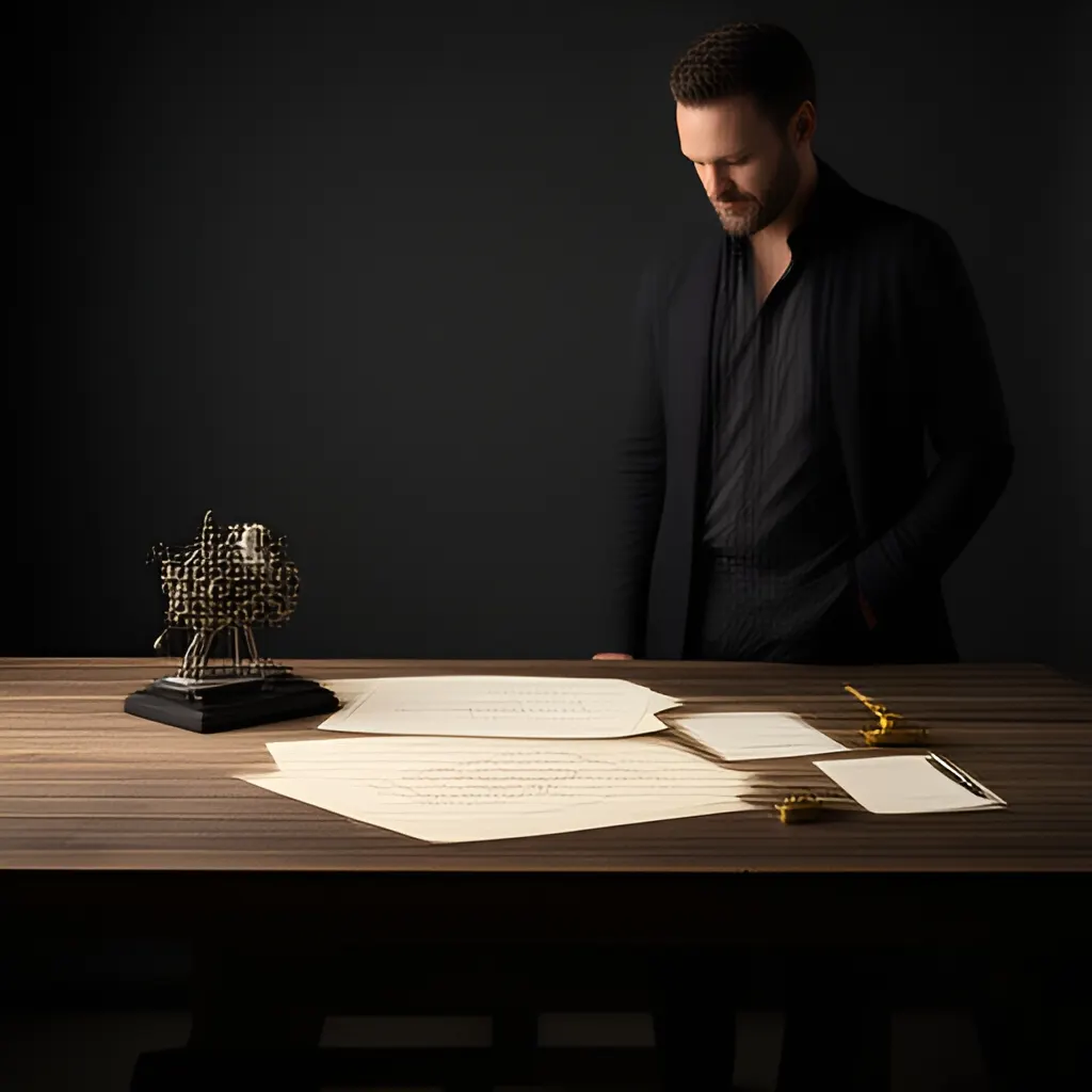 Editorial photograph of a founder standing beside a worktable with a physical prototype and a few neatly arranged planning notes in a calm studio, wide editorial composition. Supports the section "The actual problem" in "Build Momentum by Shrinking the Next Decision".