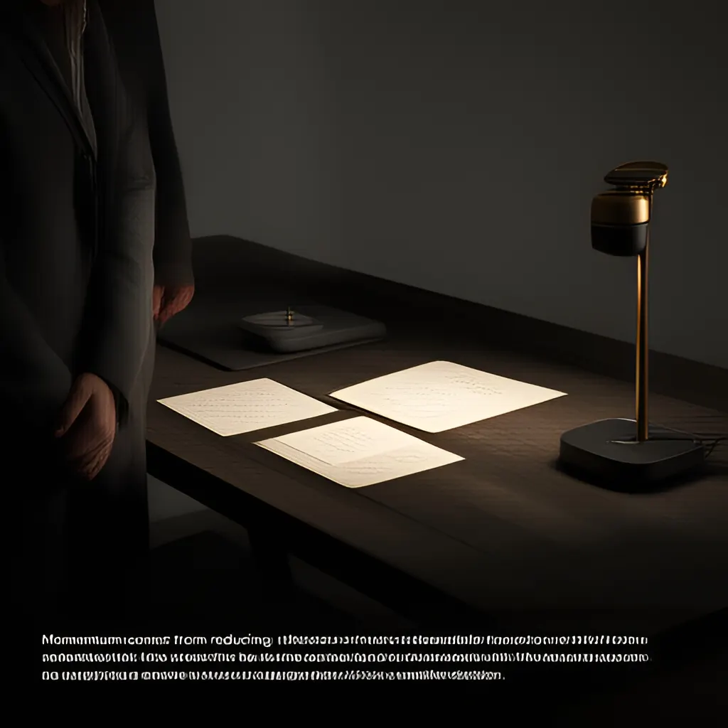 Editorial photograph of a founder standing beside a worktable with a physical prototype and a few neatly arranged planning notes in a calm studio, wide editorial composition. Supports the section "The short answer" in "Founder Momentum: Turn Overwhelm Into Observable Progress".