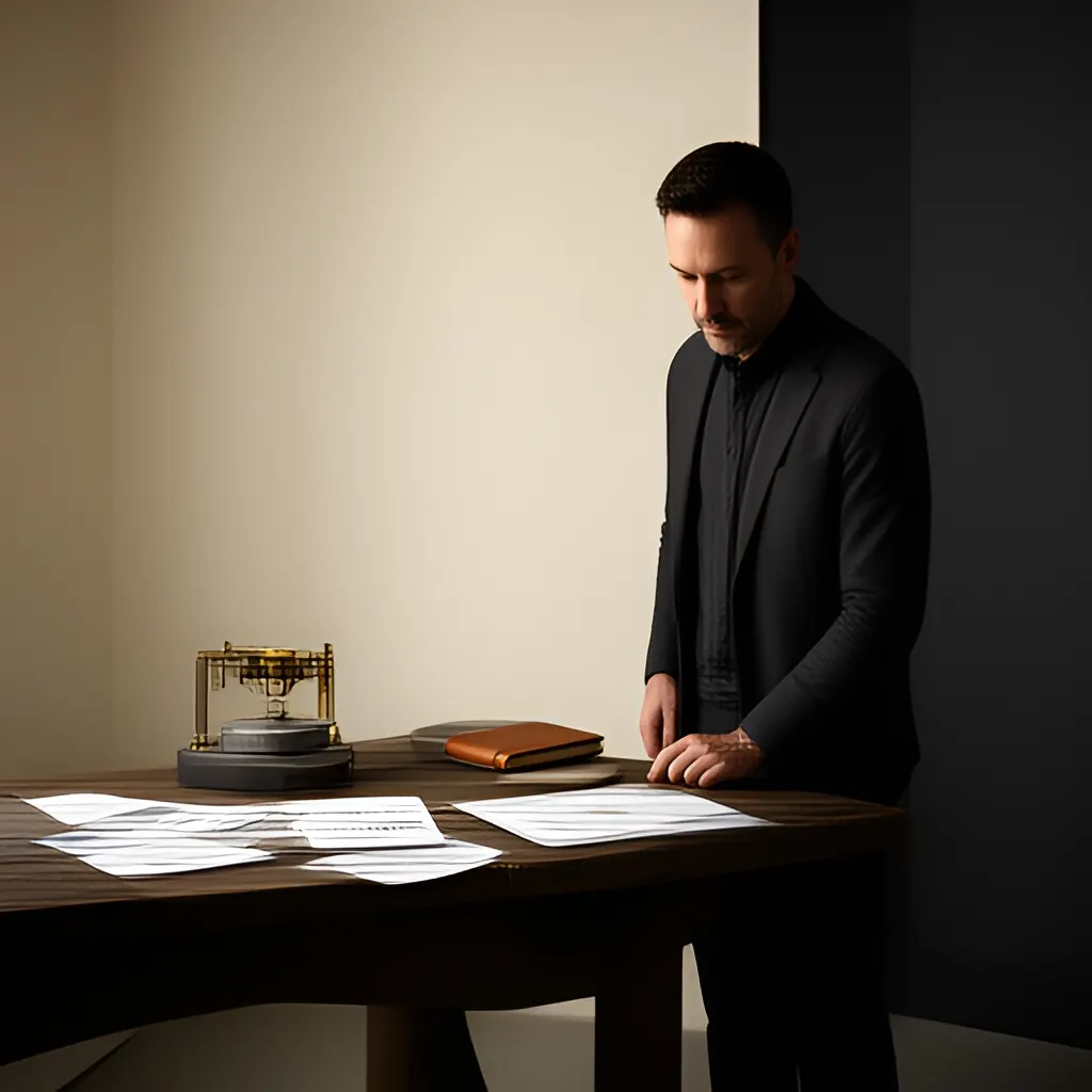 Editorial photograph of a founder standing beside a worktable with a physical prototype and a few neatly arranged planning notes in a calm studio, wide editorial composition. Supports the section "Stopping is a business decision as well as a personal one" in "When the Founder Has to Stop".