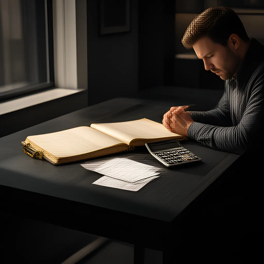 Editorial photograph of a founder at a real worktable comparing a paper ledger, a calculator and a few invoices in a quiet, naturally lit office, photographed in a wide establishing composition. Supports the section "The question" in "Cash Is Coming In. So Why Does the Business Still Feel Short?".