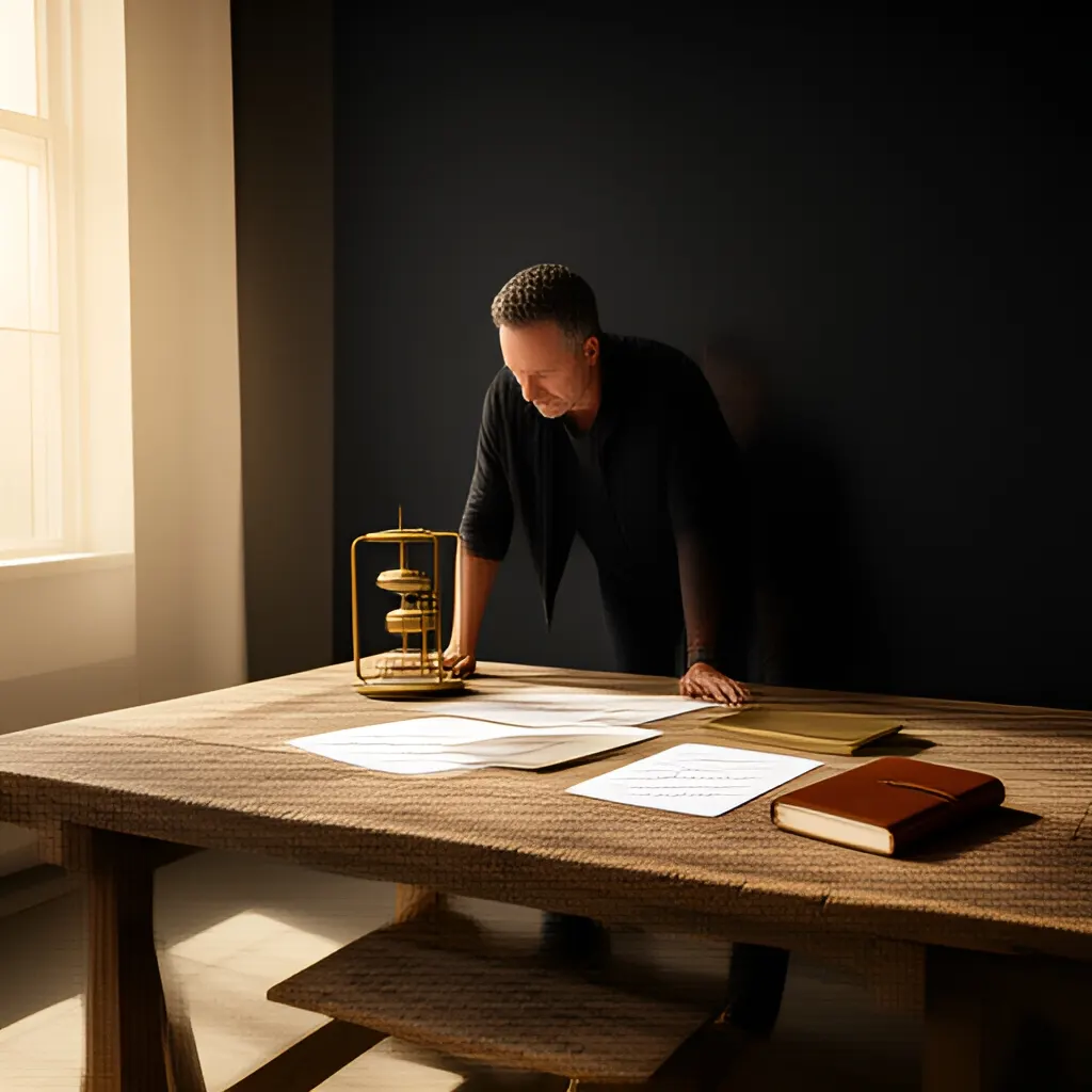 Editorial photograph of a founder standing beside a worktable with a physical prototype and a few neatly arranged planning notes in a calm studio, wide editorial composition. Supports the section "Related SOE Knowledge" in "Is Your Business Valuable Without You?".