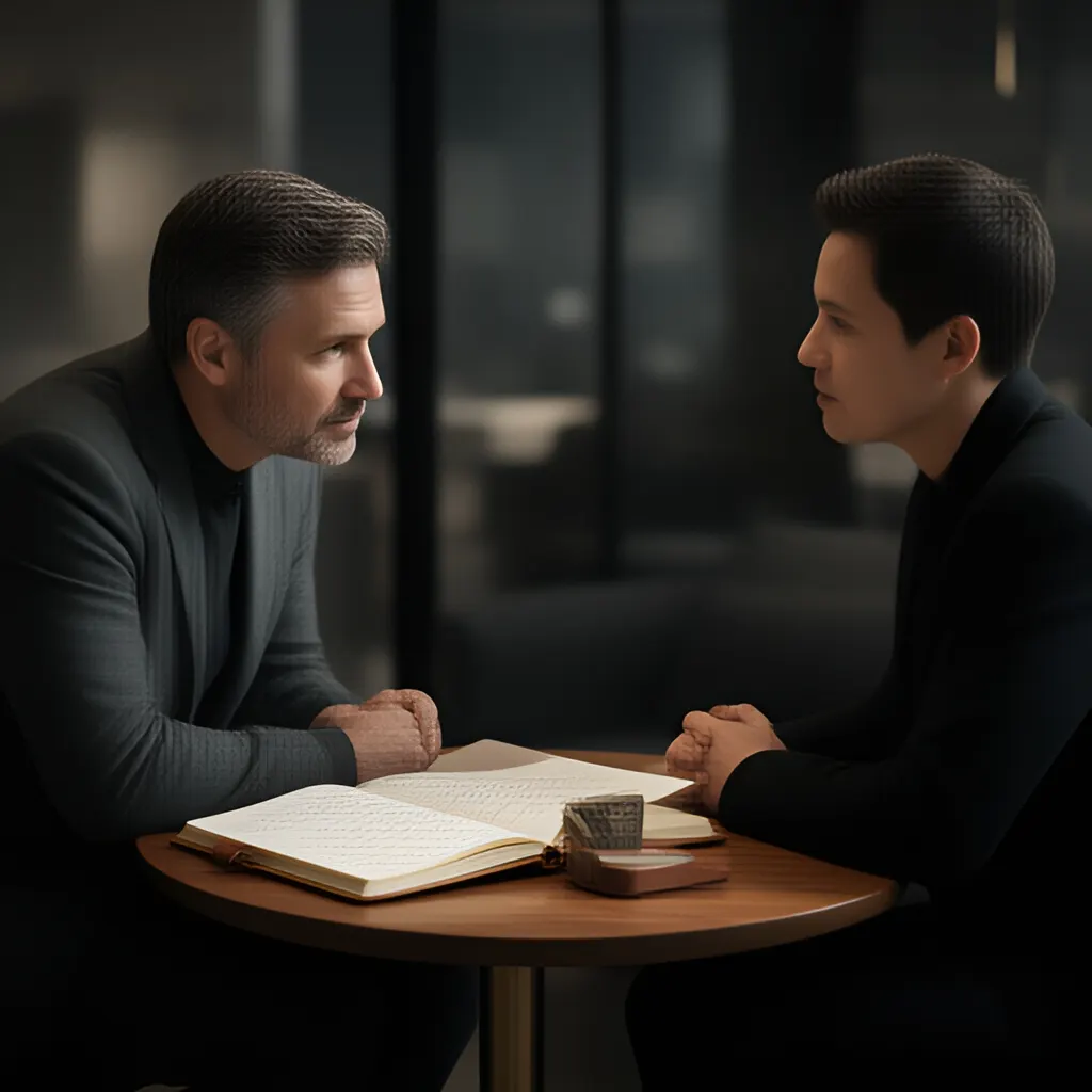 Editorial photograph of a founder listening carefully to a customer across a small meeting table with an open notebook and a real product sample, natural candid wide composition. Supports the section "The short answer" in "How to Document Founder Knowledge Before It Disappears".