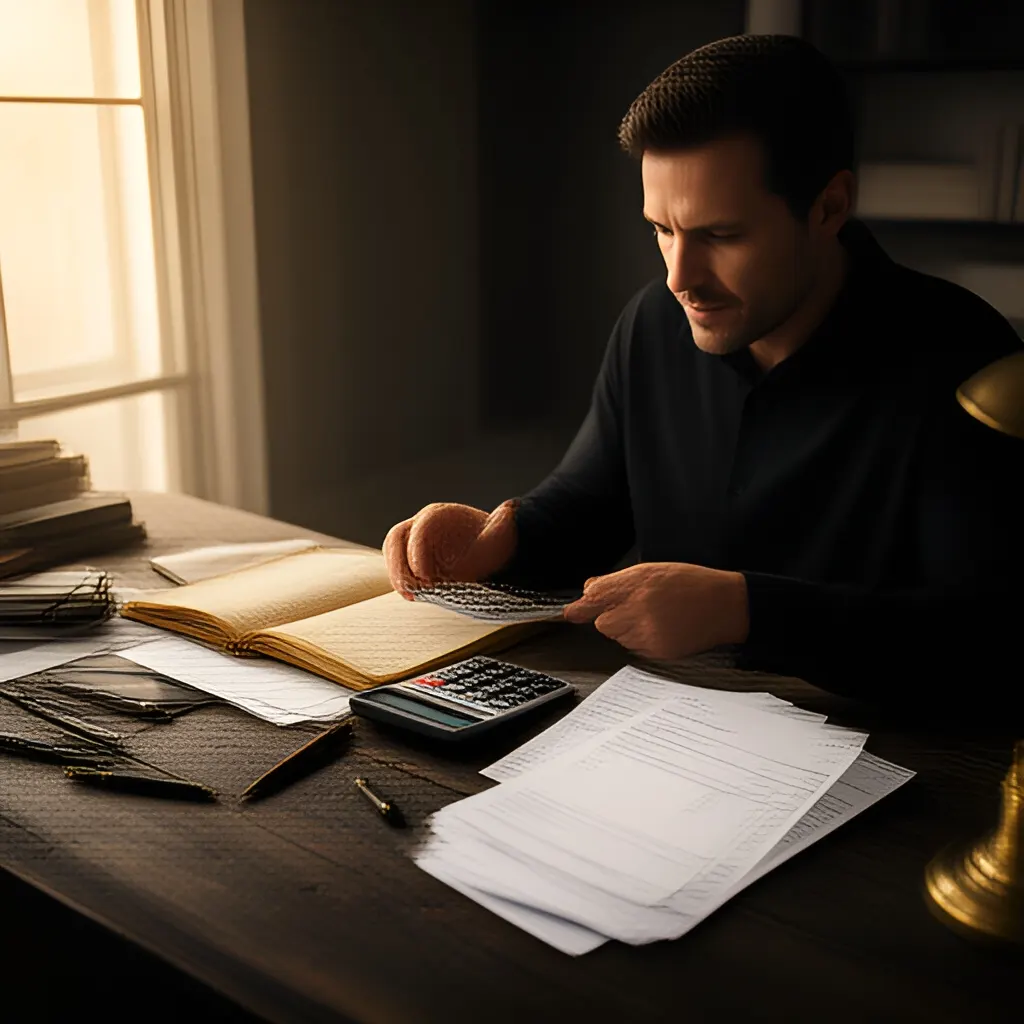 Editorial photograph of a founder at a real worktable comparing a paper ledger, a calculator and a few invoices in a quiet, naturally lit office, photographed in a wide establishing composition. Supports the section "The real problem: revenue can be healthy while cash is tight" in "How to Keep Cash Steady Between Revenue Wins".