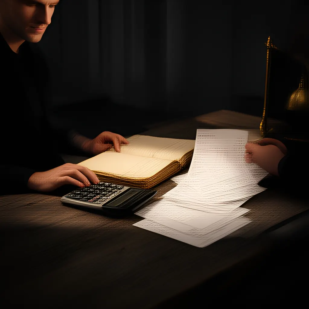 Editorial photograph of a founder at a real worktable comparing a paper ledger, a calculator and a few invoices in a quiet, naturally lit office, photographed in a wide establishing composition. Supports the section "Cash flow is about timing" in "How to Build a Cash Flow Model That Helps You Make Decisions".