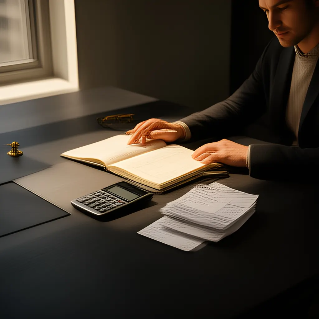 Editorial photograph of a founder at a real worktable comparing a paper ledger, a calculator and a few invoices in a quiet, naturally lit office, photographed in a wide establishing composition. Supports the section "Start with a rolling cash view" in "Revenue Is Not Cash: Build a Weekly Cash Flow Control System".