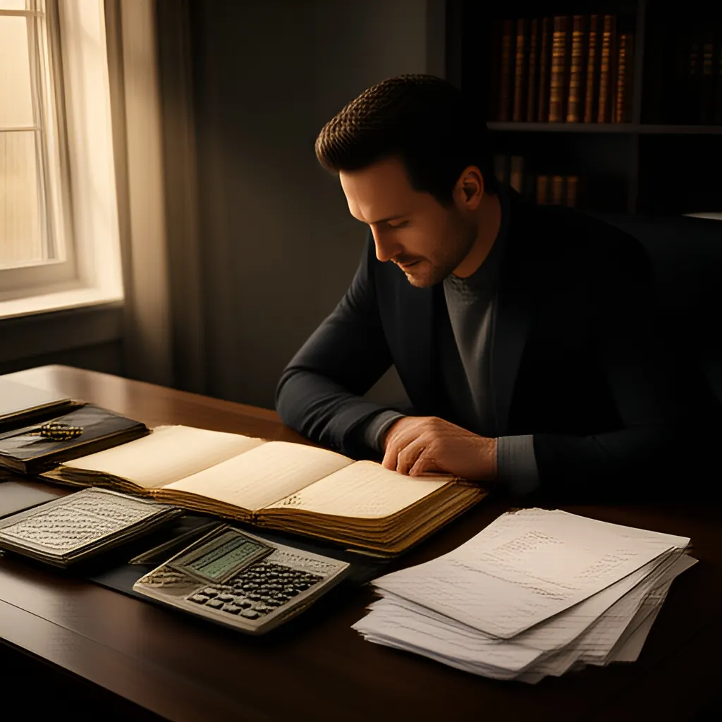 Editorial photograph of a founder at a real worktable comparing a paper ledger, a calculator and a few invoices in a quiet, naturally lit office, photographed in a wide establishing composition. Supports the section "The audit structure" in "Channel Audit".