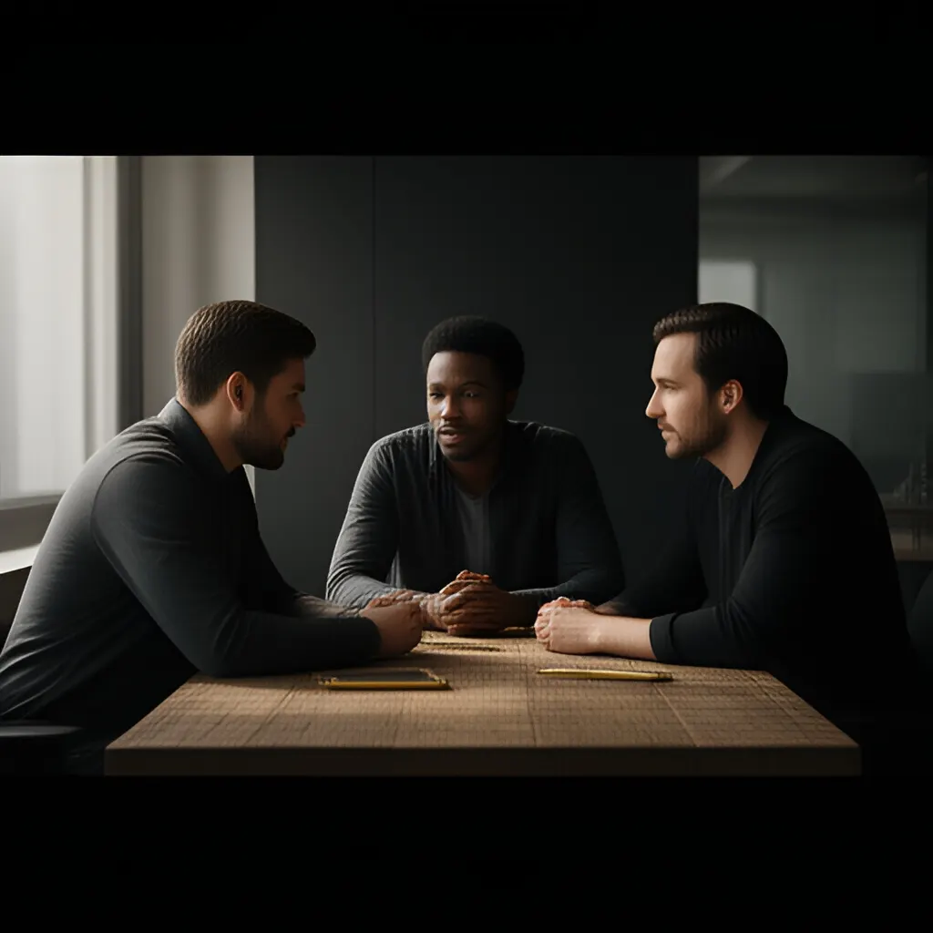 Editorial photograph of a small startup team in a candid working discussion around a shared table, natural expressions, restrained modern office, wide composition. Supports the section "The channel lifecycle" in "Channel Framework".