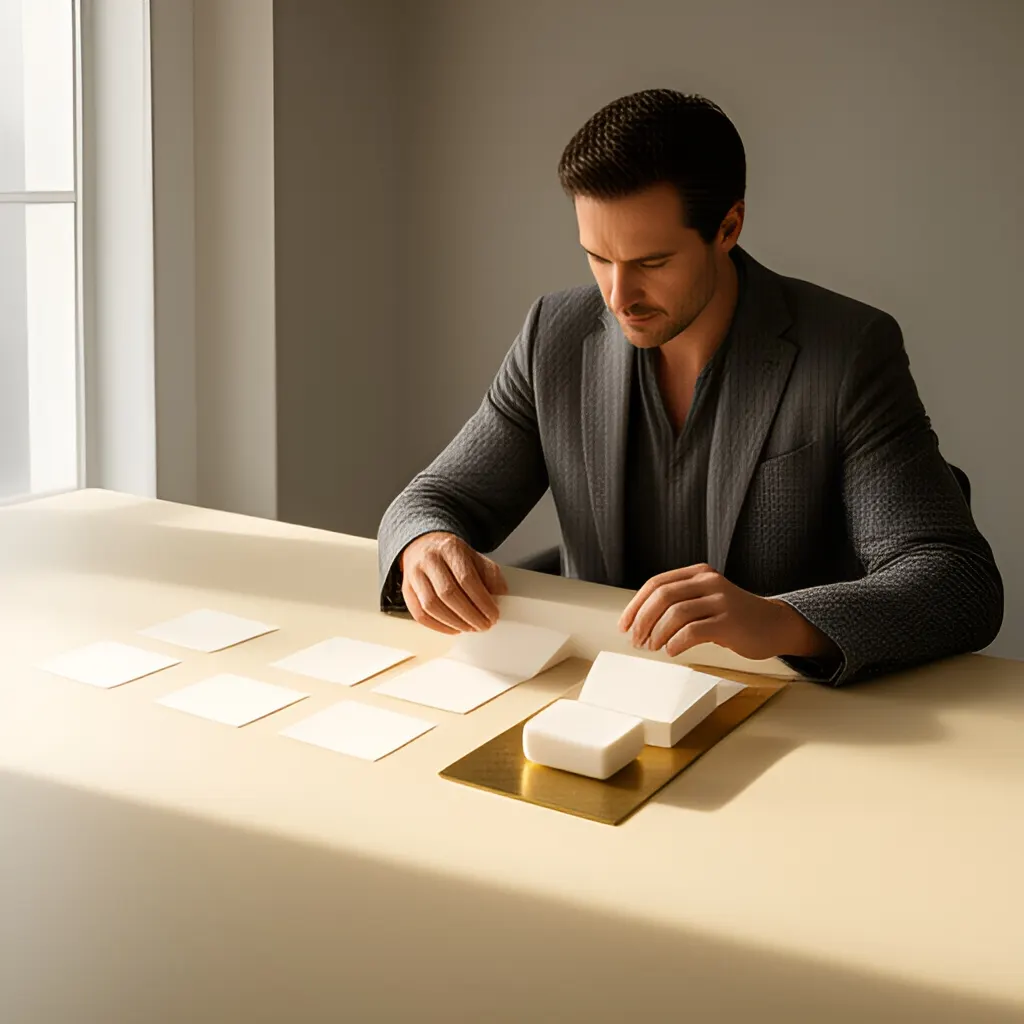 Editorial photograph of a founder arranging several blank paper cards and a simple product sample on a warm ivory studio table while considering brand direction, wide editorial composition, no legible writing. Supports the section "The real decision is not “which channel?”" in "When a Channel Starts Working".