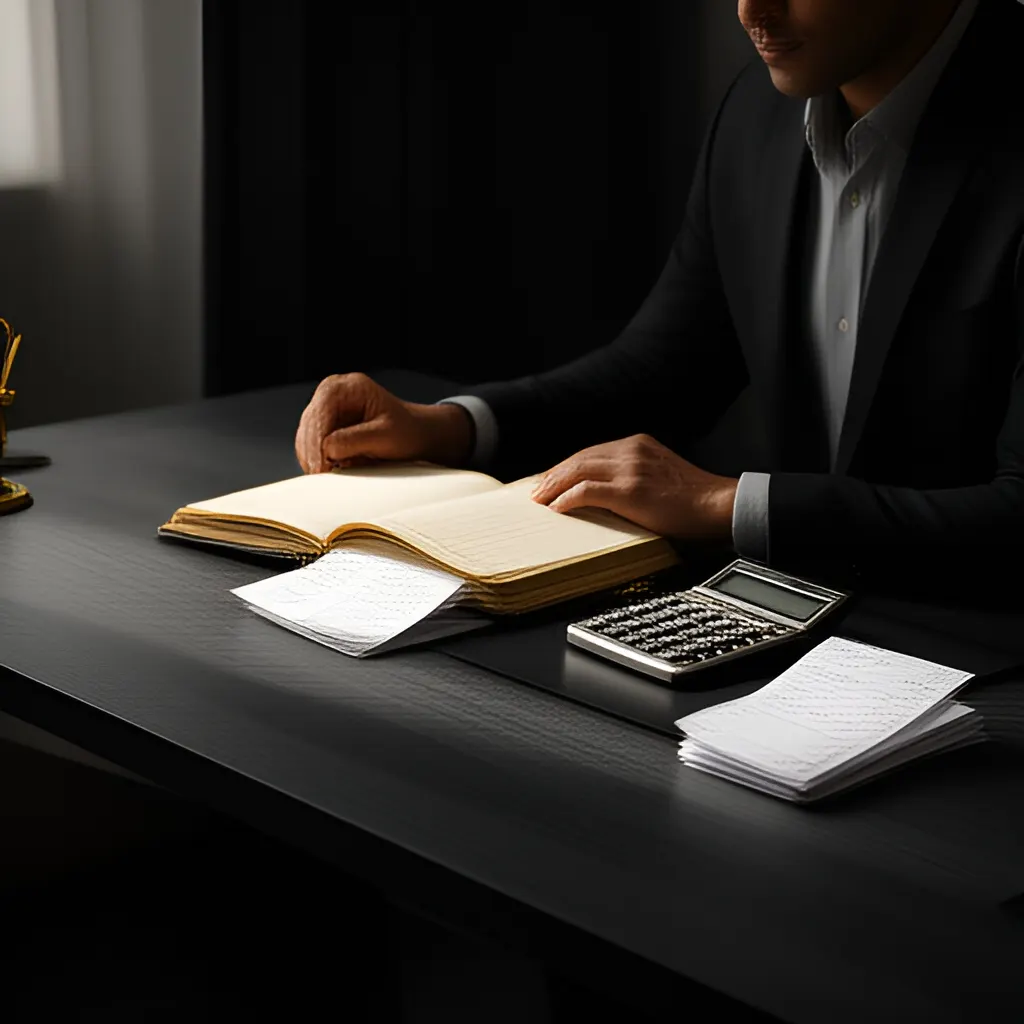 Editorial photograph of a founder at a real worktable comparing a paper ledger, a calculator and a few invoices in a quiet, naturally lit office, photographed in a wide establishing composition. Supports the section "Choose the channel by the customer, not by the tactic" in "Choosing a Growth Channel".