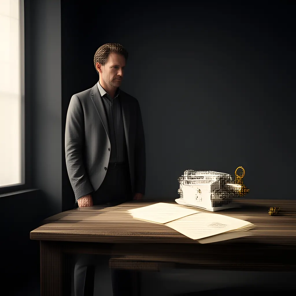 Editorial photograph of a founder standing beside a worktable with a physical prototype and a few neatly arranged planning notes in a calm studio, wide editorial composition. Supports the section "A strategy sentence should change decisions" in "The Sentence That Makes Strategy Usable".