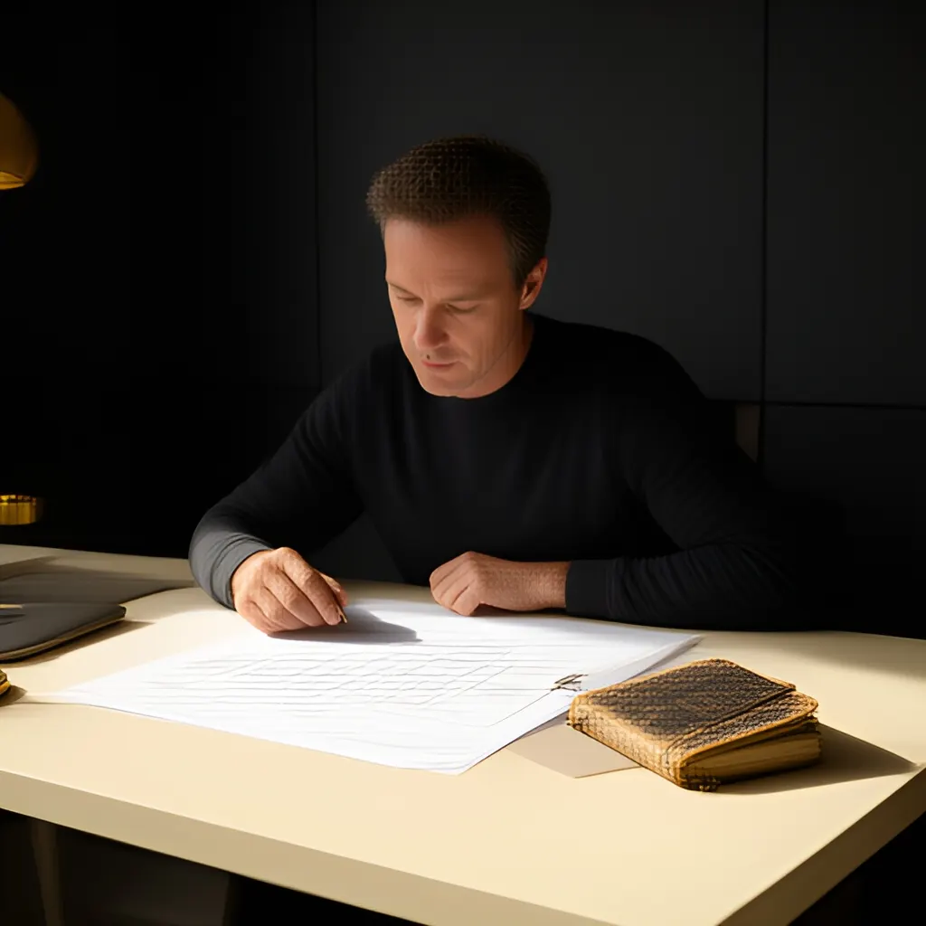 Editorial photograph of a founder studying a real working document and a relevant physical object on a warm ivory desk in a restrained modern workspace, natural candid wide editorial composition. Supports the section "The founder field guide" in "How to Tell Whether a Performance Problem Is Coaching, Role Mismatch, or Termination".