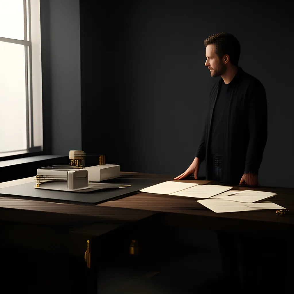 Editorial photograph of a founder standing beside a worktable with a physical prototype and a few neatly arranged planning notes in a calm studio, wide editorial composition. Supports the section "The useful answer" in "What Should Cofounders Agree on Before Splitting Equity?".