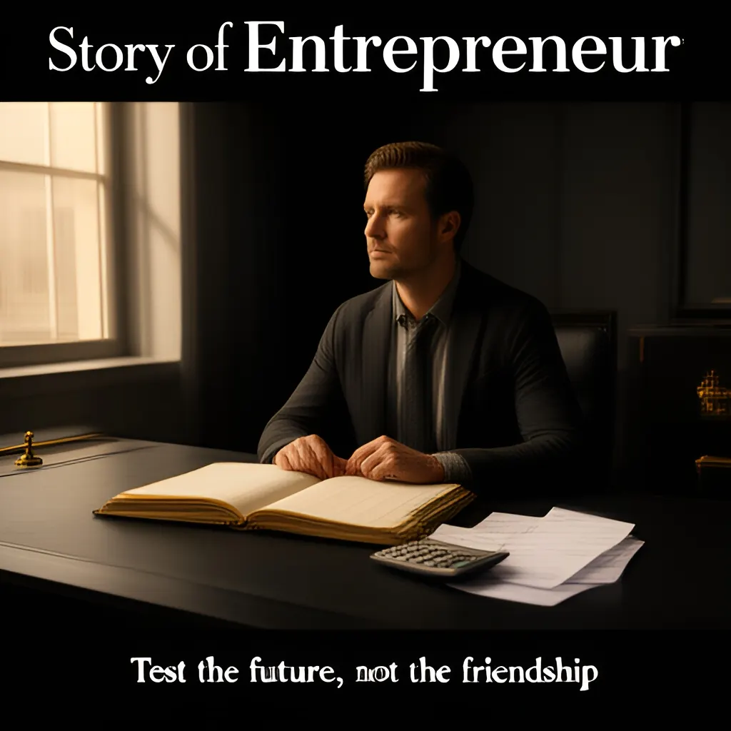Editorial photograph of a founder at a real worktable comparing a paper ledger, a calculator and a few invoices in a quiet, naturally lit office, photographed in a wide establishing composition. Supports the section "Test the future, not the friendship" in "How Do I Know If This Person Is the Right Cofounder?".