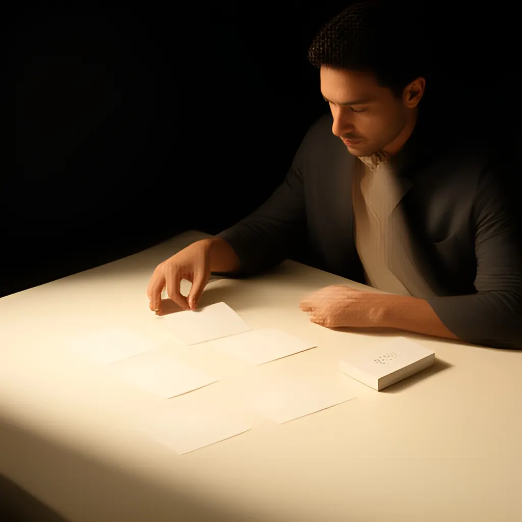 Editorial photograph of a founder arranging several blank paper cards and a simple product sample on a warm ivory studio table while considering brand direction, wide editorial composition, no legible writing. Supports the section "Use this before you write" in "Cold Email".