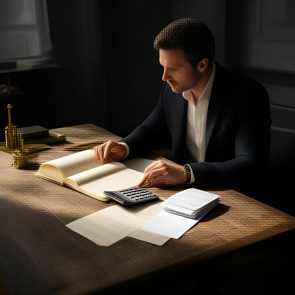 Editorial photograph of a founder at a real worktable comparing a paper ledger, a calculator and a few invoices in a quiet, naturally lit office, photographed in a wide establishing composition. Supports the section "The decision in plain English" in "How to Use a Conditional Discount Without Teaching Buyers to Wait".