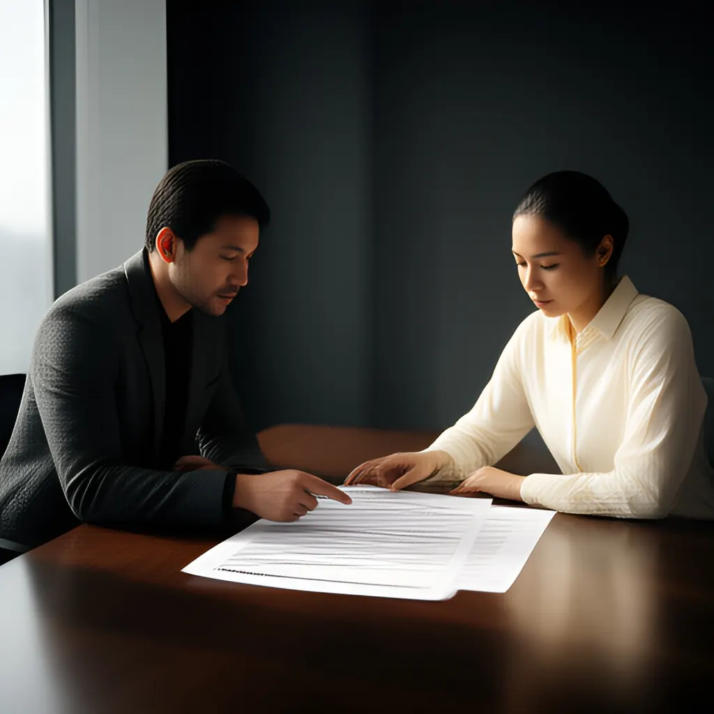 Editorial photograph of a founder and client reviewing a printed scope document across a meeting table, calm professional body language, wide natural-light composition. Supports the section "Start with the actual work" in "Contractor vs Employee: How to Choose Your First Hire Responsibly".