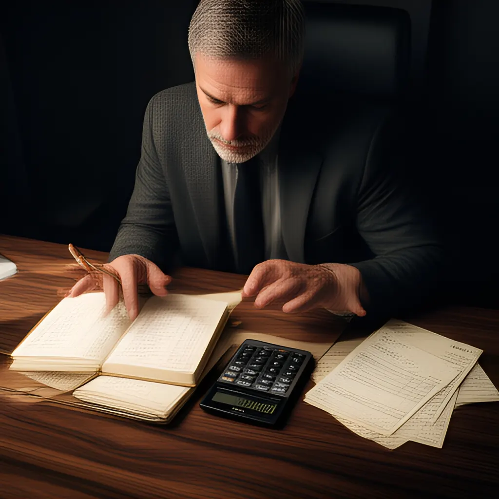 Editorial photograph of a founder at a real worktable comparing a paper ledger, a calculator and a few invoices in a quiet, naturally lit office, photographed in a wide establishing composition. Supports the section "Start with the question" in "Contribution Margin vs Net Profit: What Each Tells a Founder".