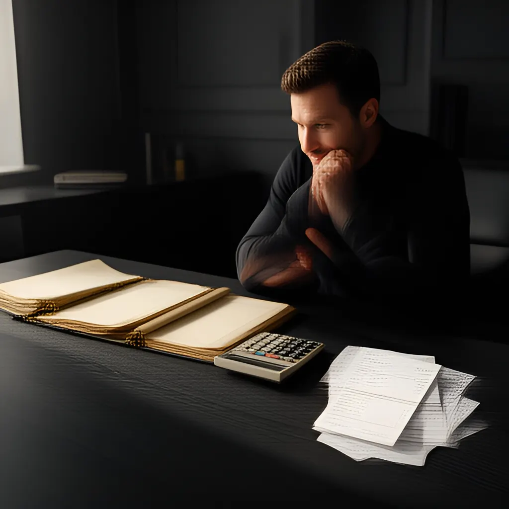Editorial photograph of a founder at a real worktable comparing a paper ledger, a calculator and a few invoices in a quiet, naturally lit office, photographed in a wide establishing composition. Supports the section "The decision in plain English" in "Cost-Plus vs Value-Based Pricing: What Each Method Is Actually Good For".