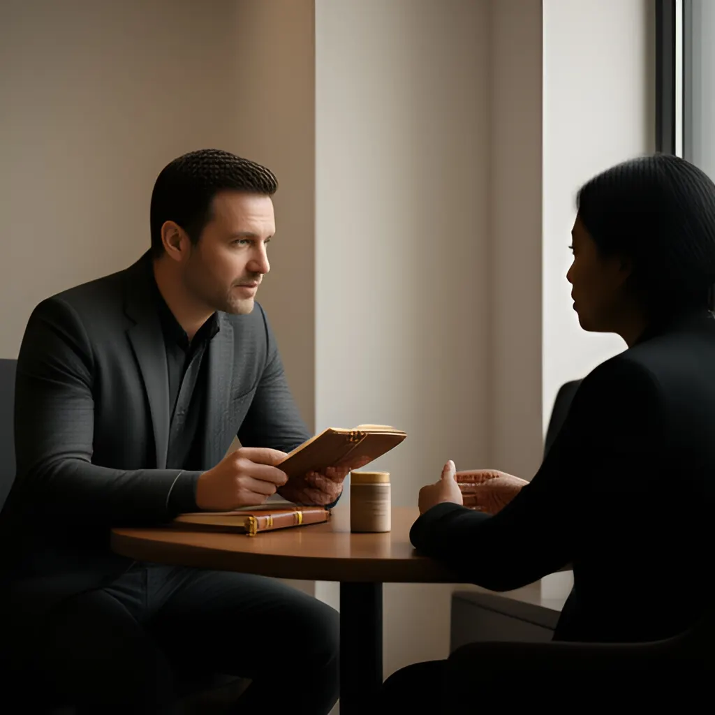 Editorial photograph of a founder listening carefully to a customer across a small meeting table with an open notebook and a real product sample, natural candid wide composition. Supports the section "What culture actually is" in "Culture Framework".
