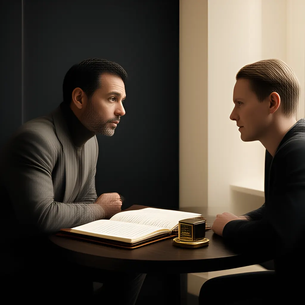 Editorial photograph of a founder listening carefully to a customer across a small meeting table with an open notebook and a real product sample, natural candid wide composition. Supports the section "The decision in plain English" in "How to Spot Customer Mismatch Before Acquisition Scales It".
