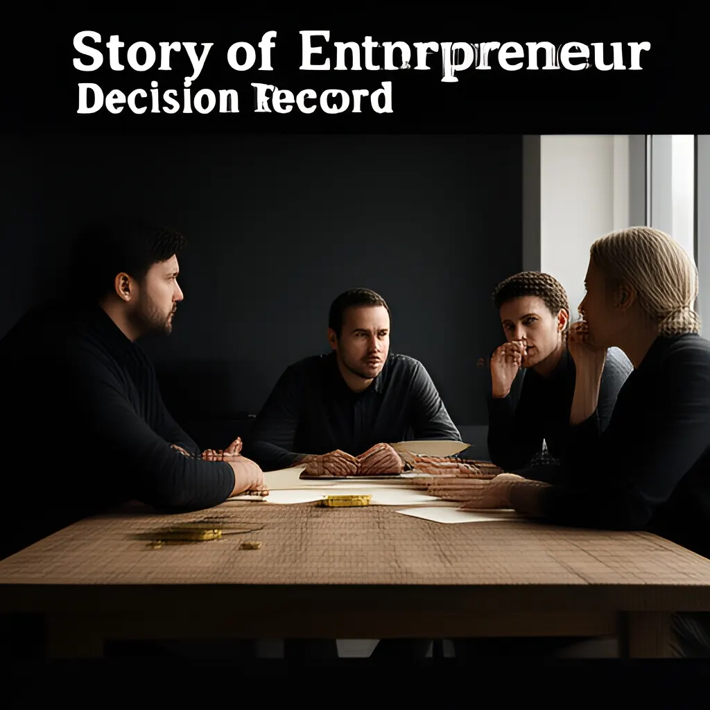 Editorial photograph of a small startup team in a candid working discussion around a shared table, natural expressions, restrained modern office, wide composition. Supports the section "Decision Record" in "Decision Record".