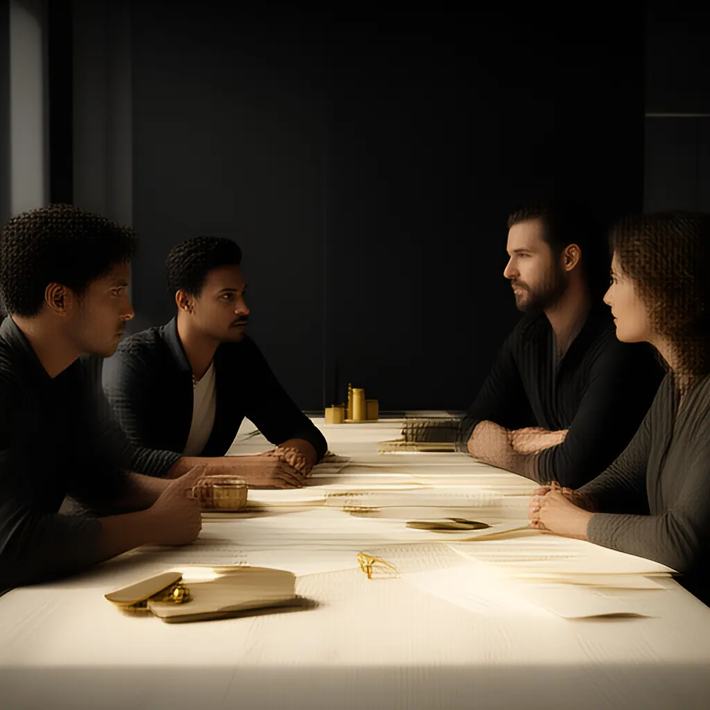 Editorial photograph of a small startup team in a candid working discussion around a shared table, natural expressions, restrained modern office, wide composition. Supports the section "The founder field guide" in "How to Delegate Decisions Without Abdicating Responsibility".