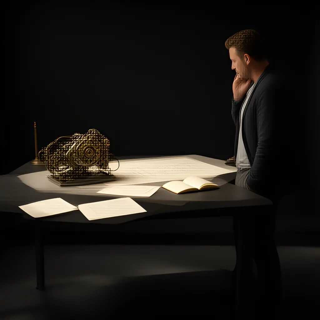 Editorial photograph of a founder standing beside a worktable with a physical prototype and a few neatly arranged planning notes in a calm studio, wide editorial composition. Supports the section "The actual problem" in "When Everything Is Important, Design a Decision Filter".