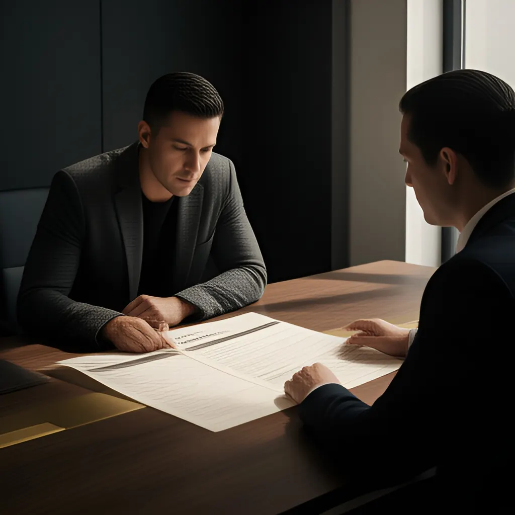 Editorial photograph of a founder and client reviewing a printed scope document across a meeting table, calm professional body language, wide natural-light composition. Supports the section "Start with the question" in "How to Diagnose a Stalled Sales Pipeline by Stage Instead of Rewriting Everything".