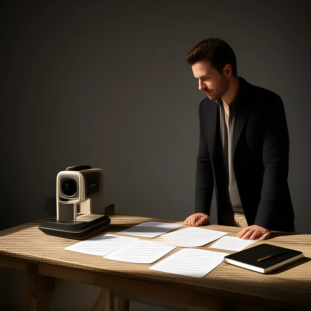 Editorial photograph of a founder standing beside a worktable with a physical prototype and a few neatly arranged planning notes in a calm studio, wide editorial composition. Supports the section "The useful answer" in "How to Structure a Discovery Call Without Turning It Into a Rigid Script".