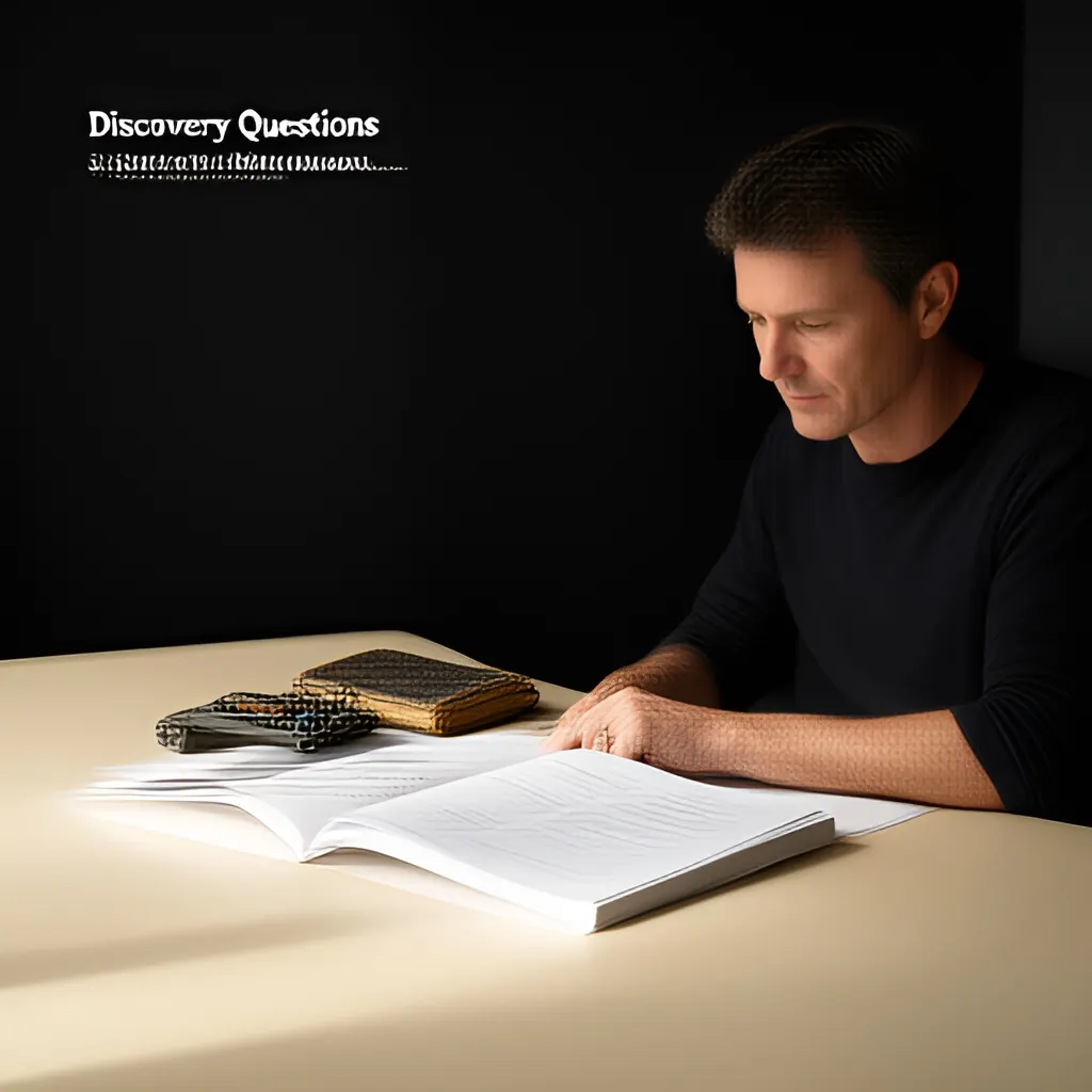 Editorial photograph of a founder studying a real working document and a relevant physical object on a warm ivory desk in a restrained modern workspace, natural candid wide editorial composition. Supports the section "Start with context" in "Discovery Questions".