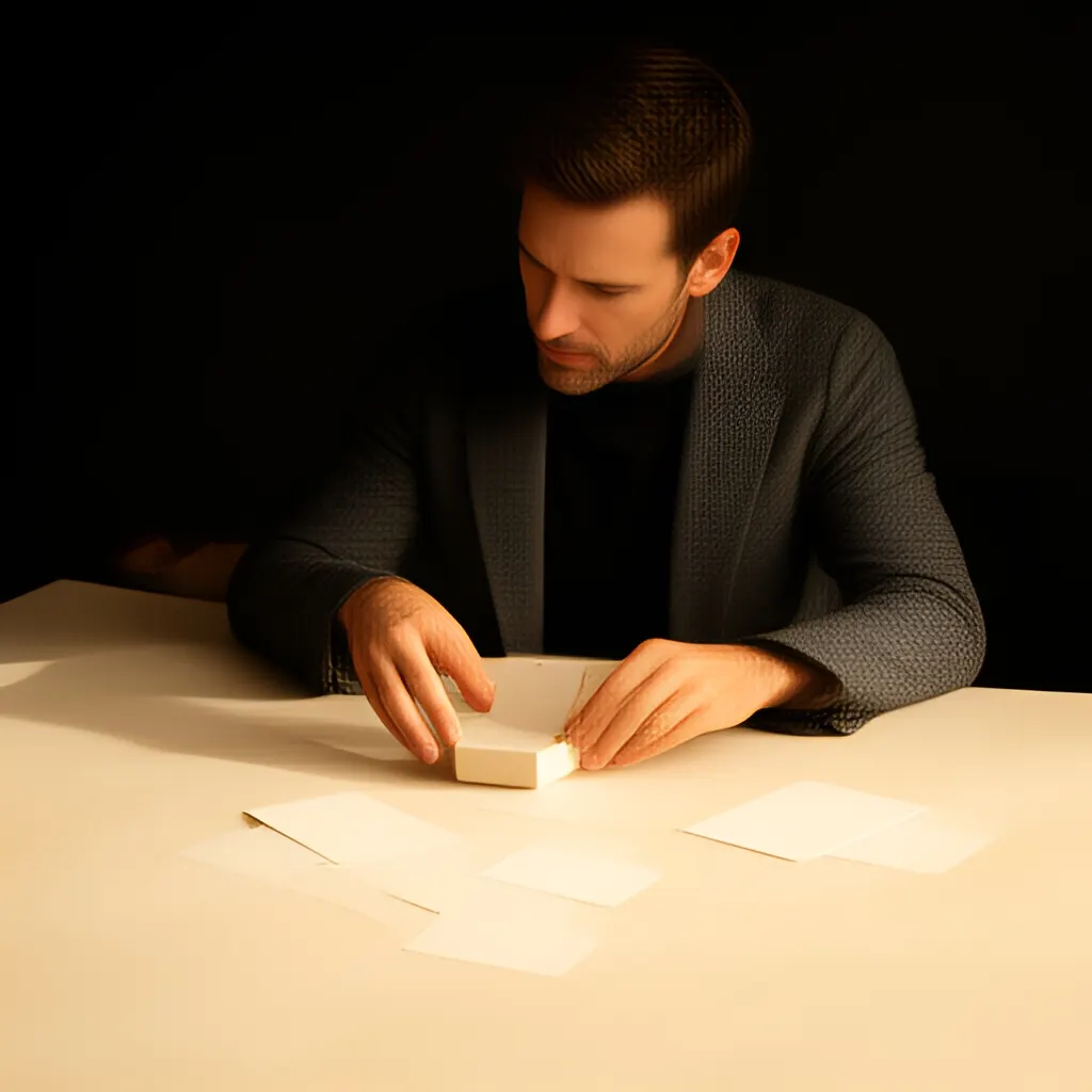 Editorial photograph of a founder arranging several blank paper cards and a simple product sample on a warm ivory studio table while considering brand direction, wide editorial composition, no legible writing. Supports the section "Trust starts before the sales call" in "How to Earn Trust Before the Sale When You Have Little Proof".