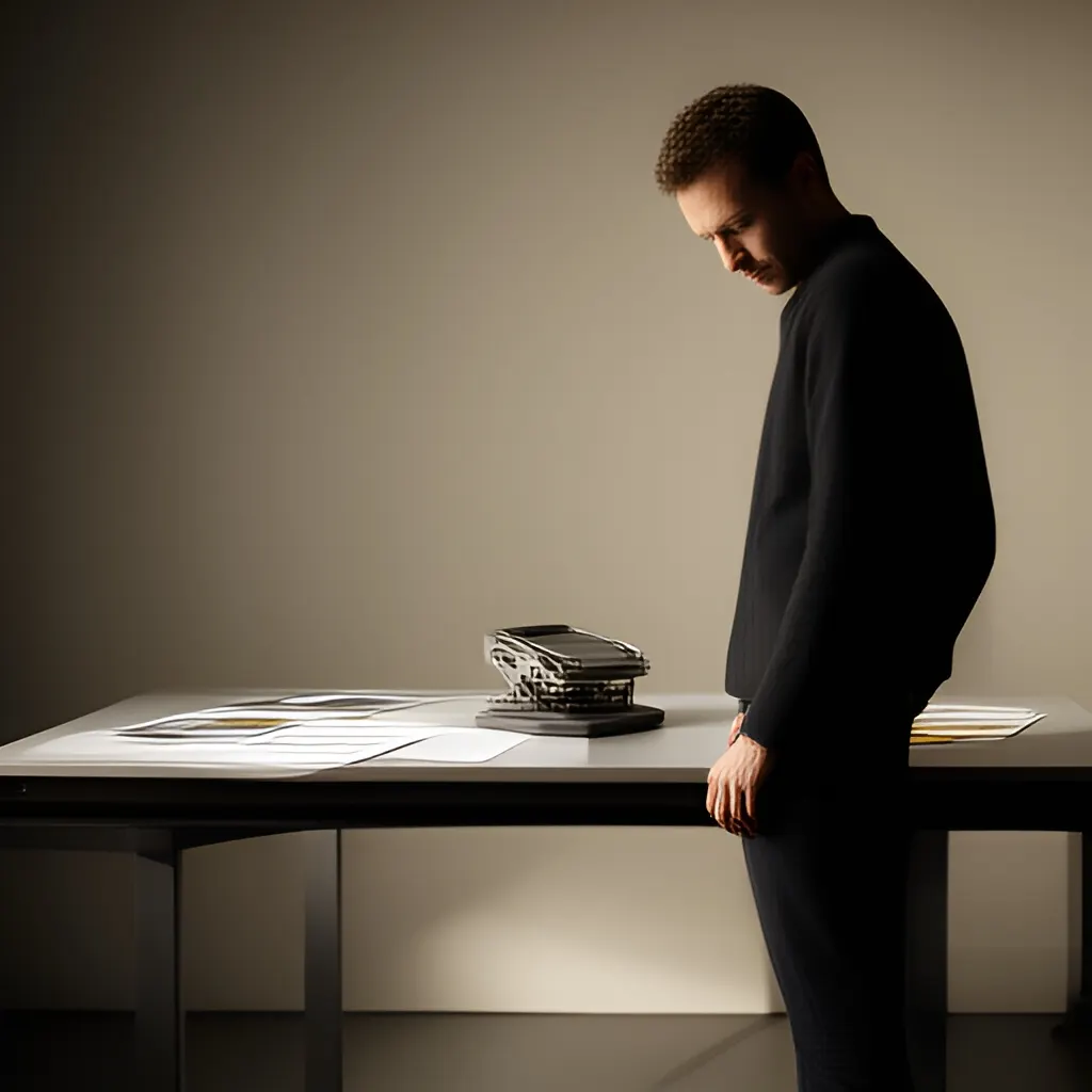 Editorial photograph of a founder standing beside a worktable with a physical prototype and a few neatly arranged planning notes in a calm studio, wide editorial composition. Supports the section "The short answer" in "What Evidence Says It Is Time to Launch Instead of Waiting?".