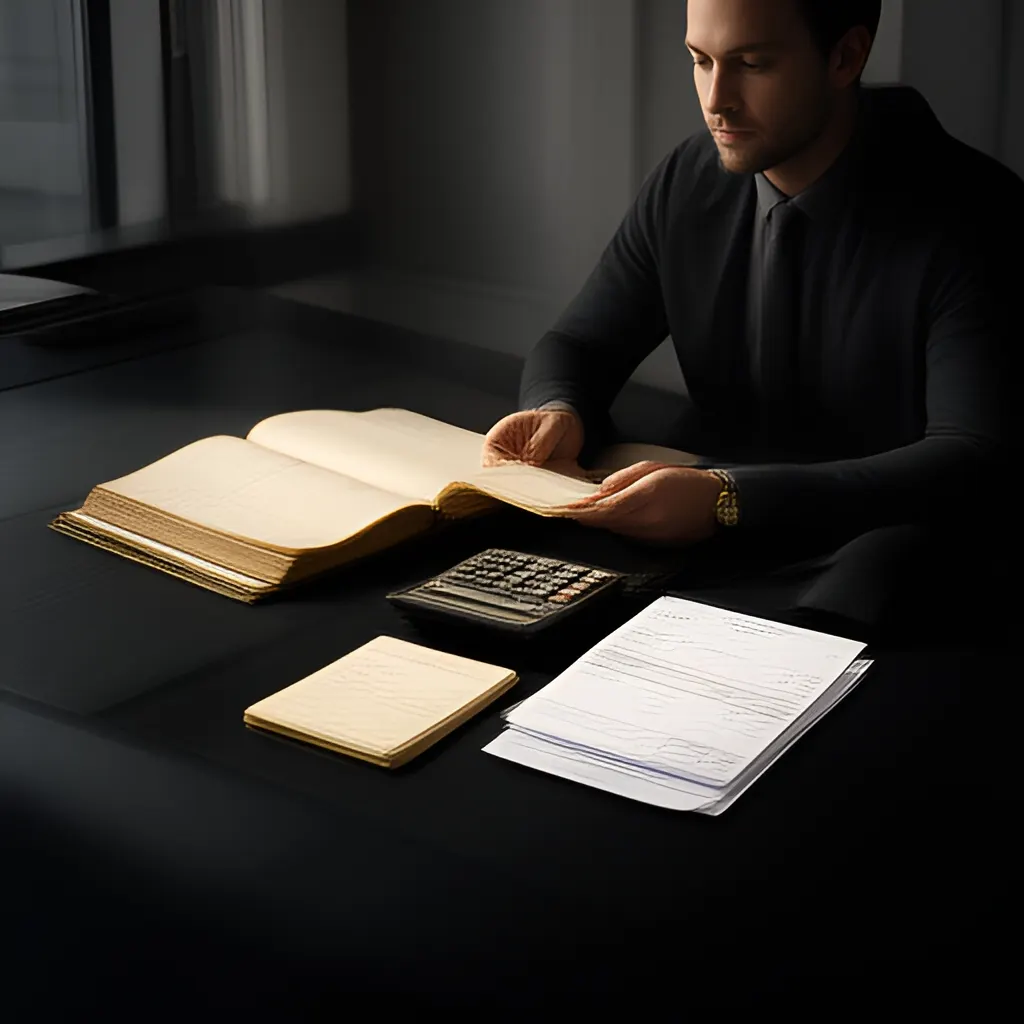 Editorial photograph of a founder at a real worktable comparing a paper ledger, a calculator and a few invoices in a quiet, naturally lit office, photographed in a wide establishing composition. Supports the section "The decision in plain English" in "M&A Due Diligence Data Room Readiness Template for Founders".