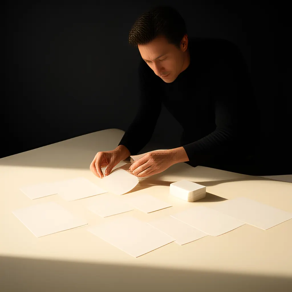Editorial photograph of a founder arranging several blank paper cards and a simple product sample on a warm ivory studio table while considering brand direction, wide editorial composition, no legible writing. Supports the section "The product page cannot answer every question" in "Falguni Nayar and Nykaa: Building Trust in Online Beauty Retail".