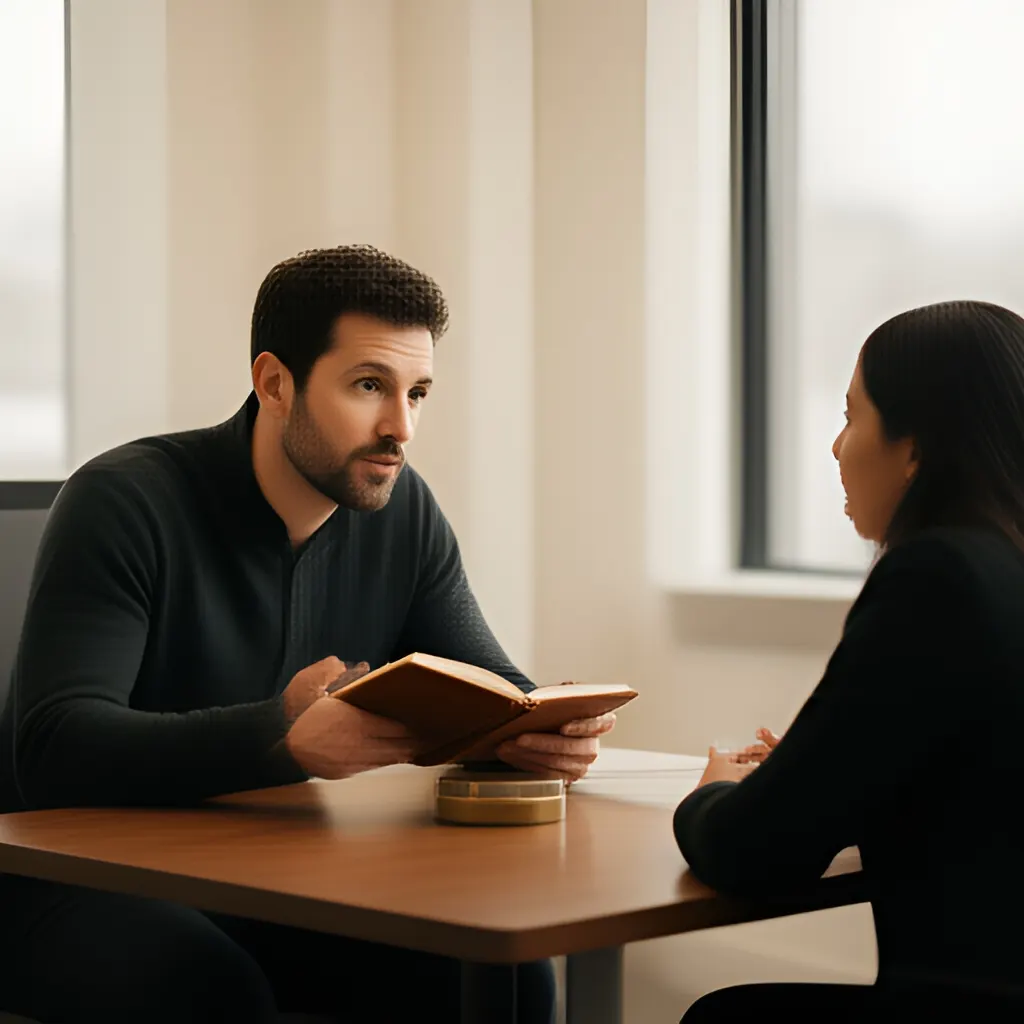 Editorial photograph of a founder listening carefully to a customer across a small meeting table with an open notebook and a real product sample, natural candid wide composition. Supports the section "The goal of feedback is not to win the conversation" in "Feedback Works Better When It Changes the Work, Not Just the Conversation".