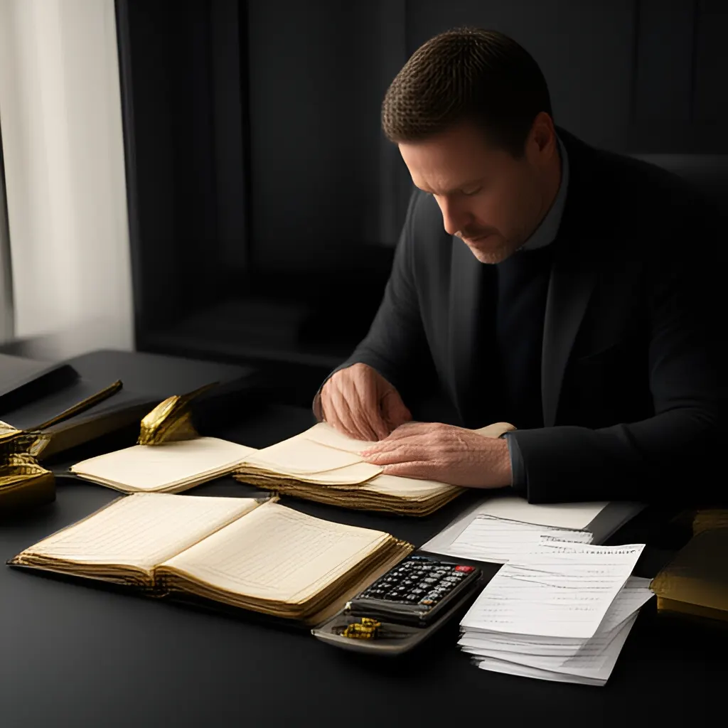 Editorial photograph of a founder at a real worktable comparing a paper ledger, a calculator and a few invoices in a quiet, naturally lit office, photographed in a wide establishing composition. Supports the section "The decision in plain English" in "What Financial Records Should a Startup Have Ready for Buyer Due Diligence?".